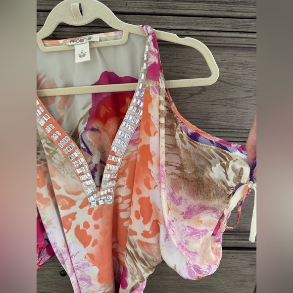 Arden B Silky Floral Embellished Mini Dress Cold Shoulder Tunic Small Pr… - Picture 6 of 13